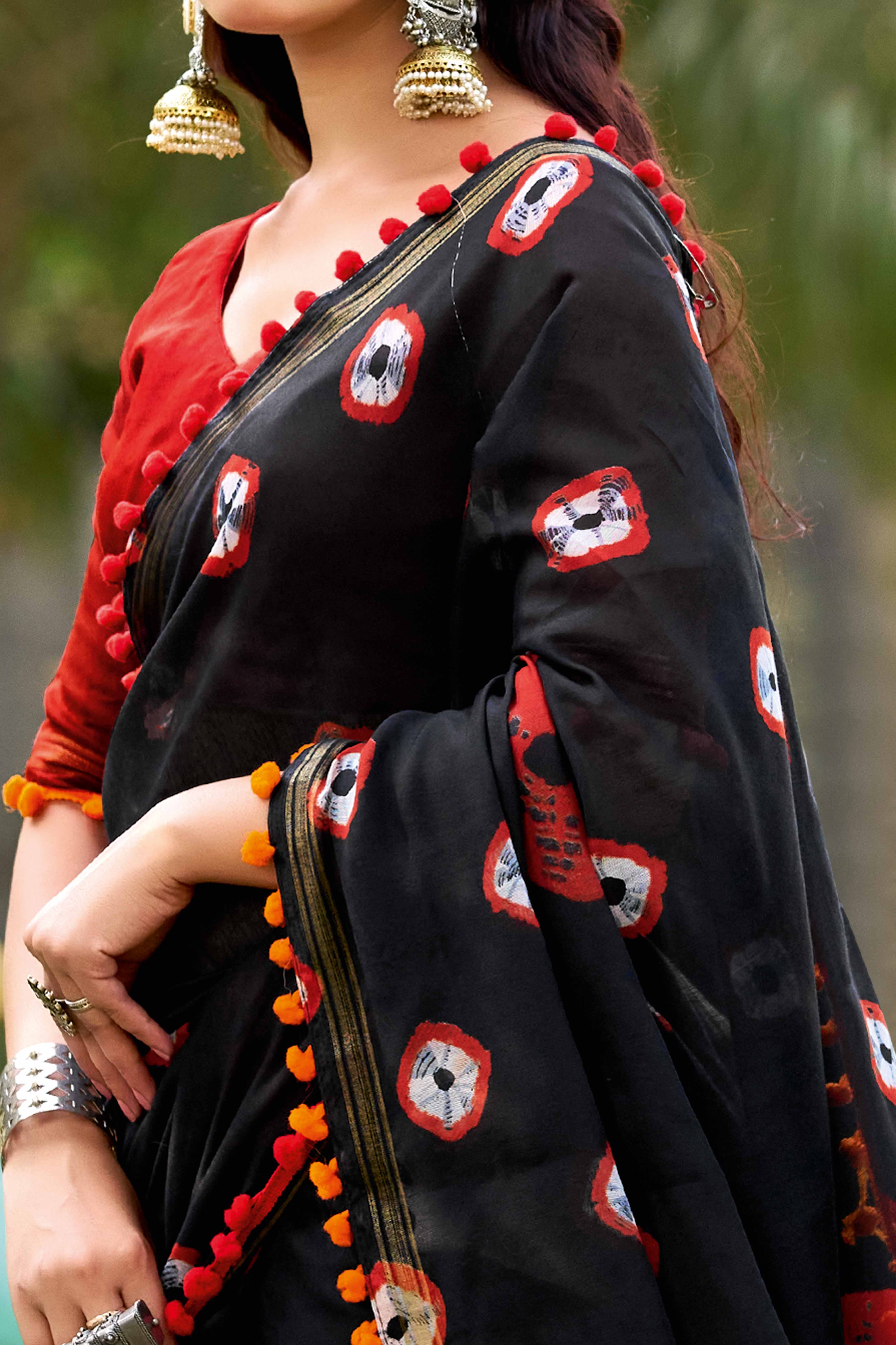 Black Pure Mul Cotton Saree with Vibrant Bandhani Patterns