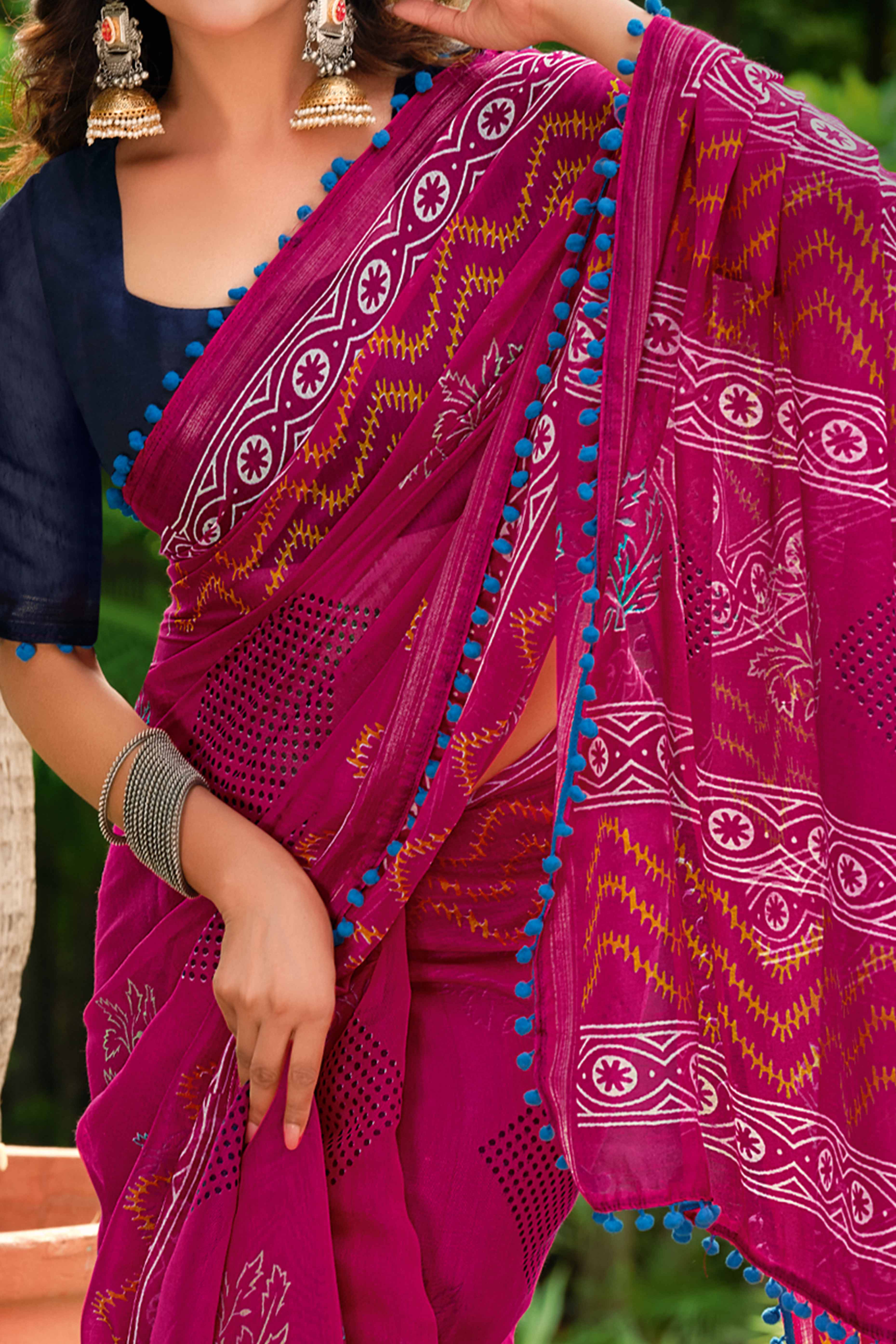 Pink Cotton Saree with Modern Abstract Prints and Feminine Lace Trim
