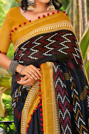 Black Cotton Saree with Modern Abstract Prints and Feminine Lace Trim
