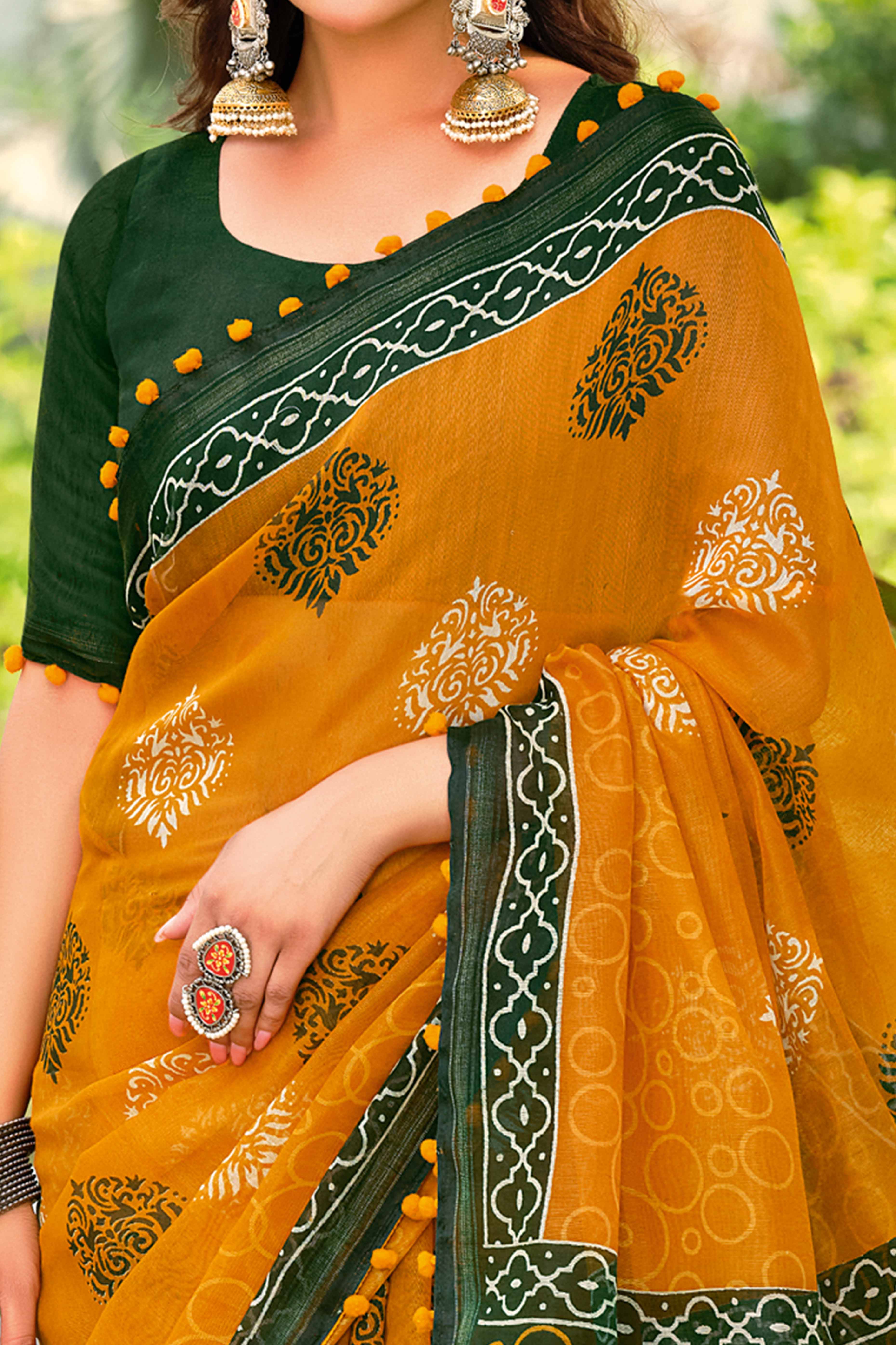 Mustard Cotton Saree with Modern Abstract Prints and Feminine Lace Trim