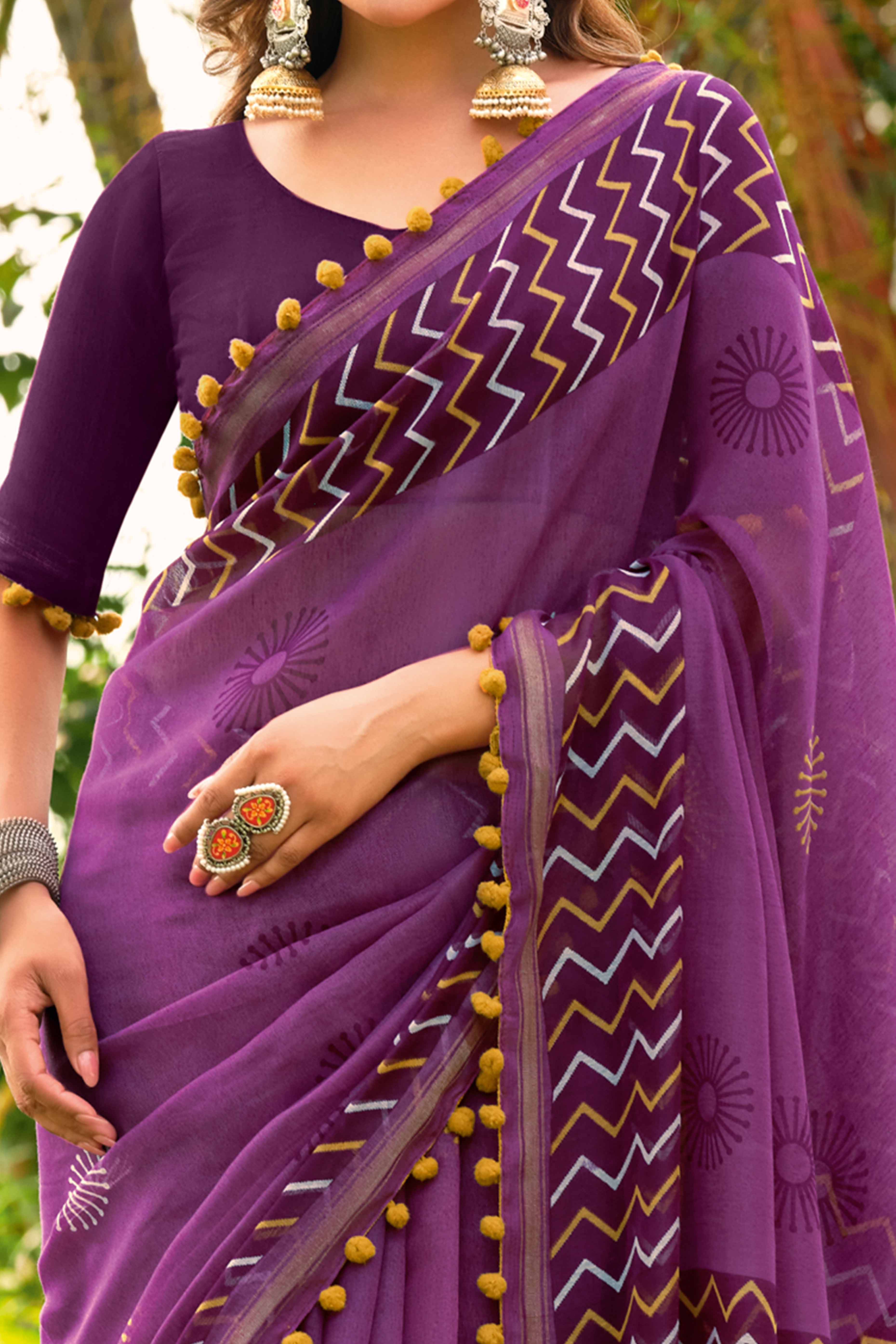 Purple Cotton Saree with Modern Abstract Prints and Feminine Lace Trim