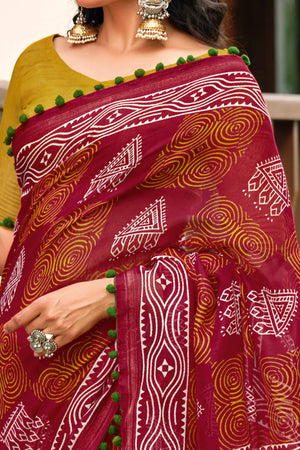 Maroon Cotton Saree with Modern Abstract Prints and Feminine Lace Trim