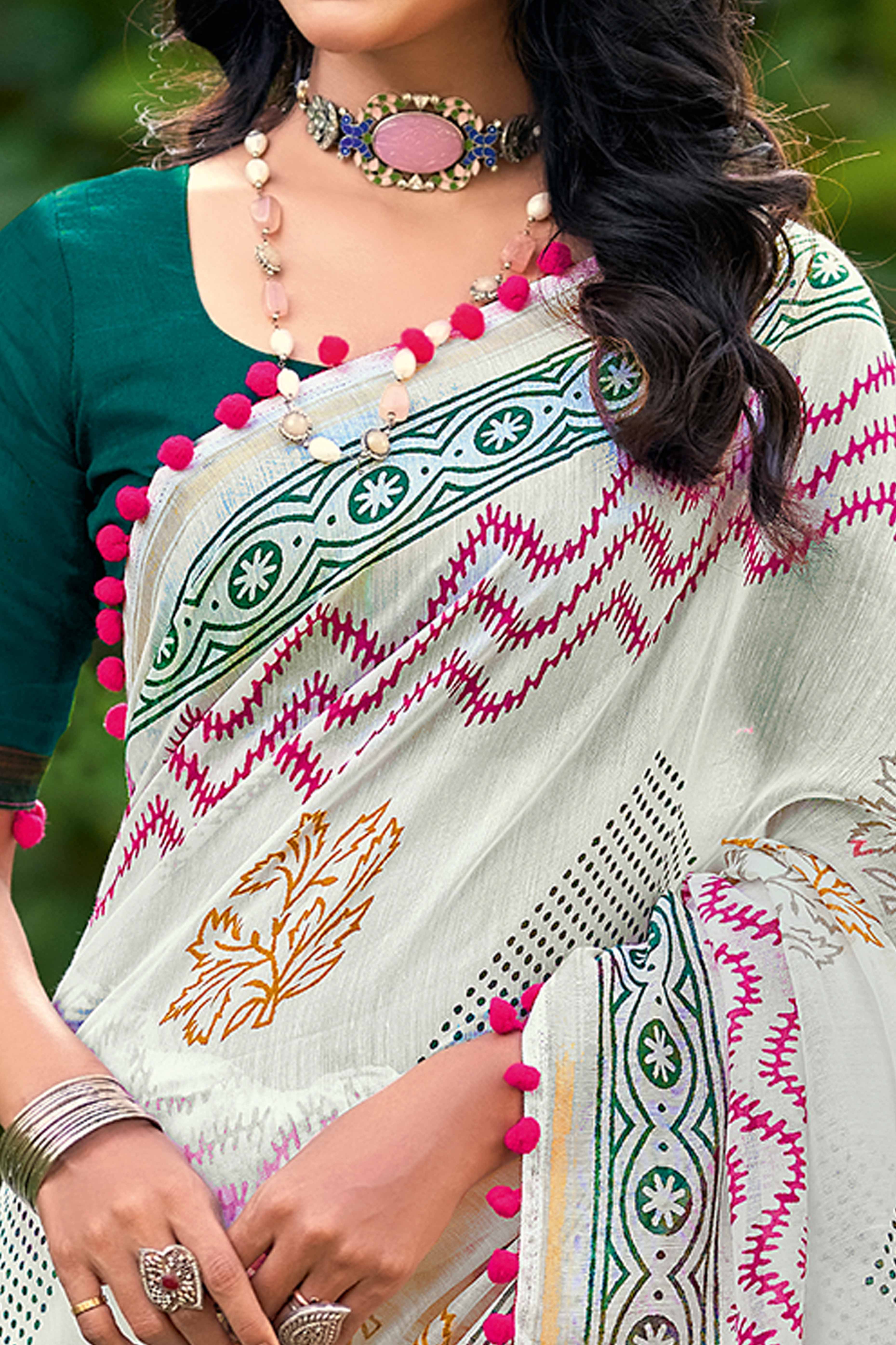 White Mulmul Cotton Saree with Contemporary Abstract Art Prints