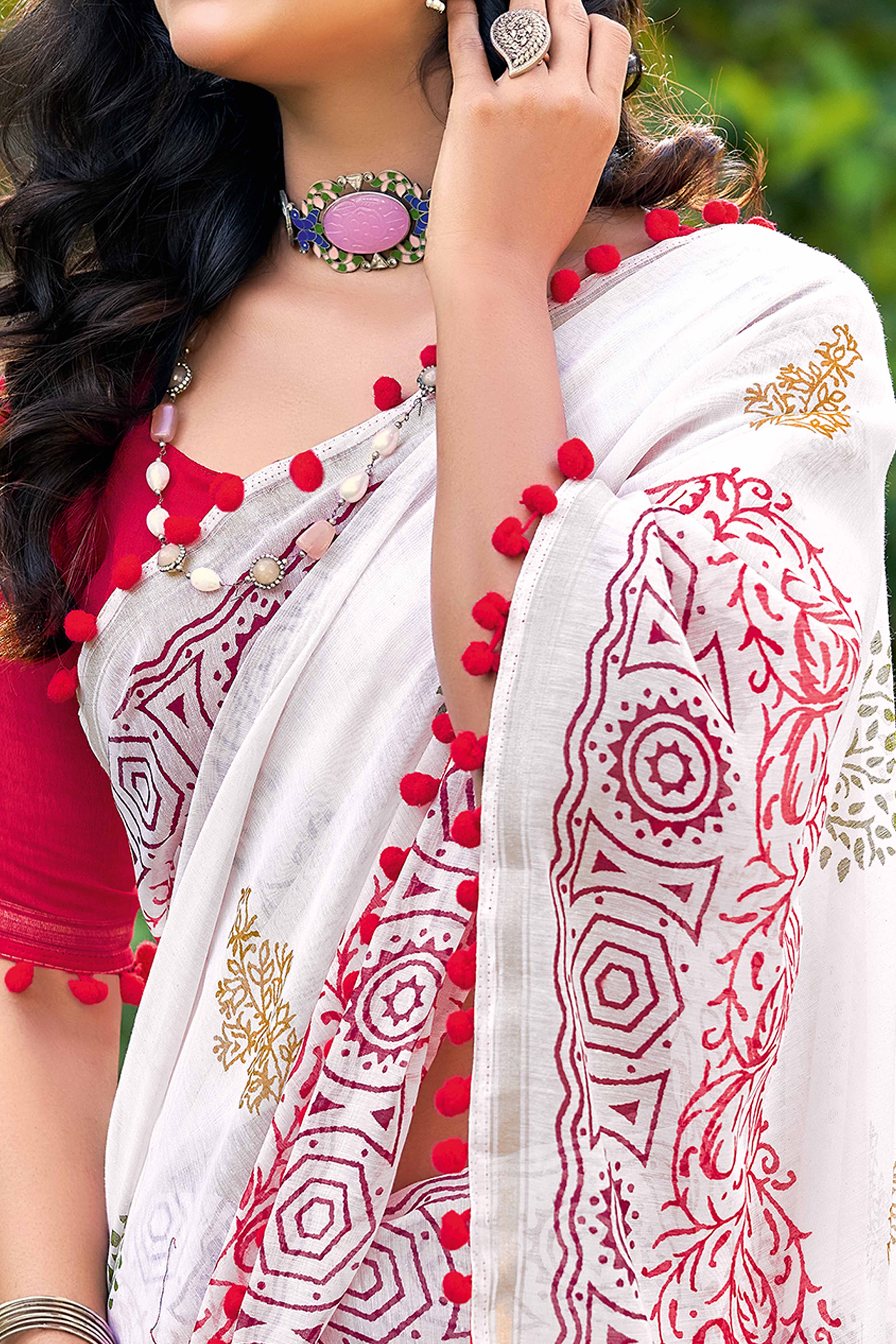 White Saree in Soft Mulmul Cotton with Abstract Motifs