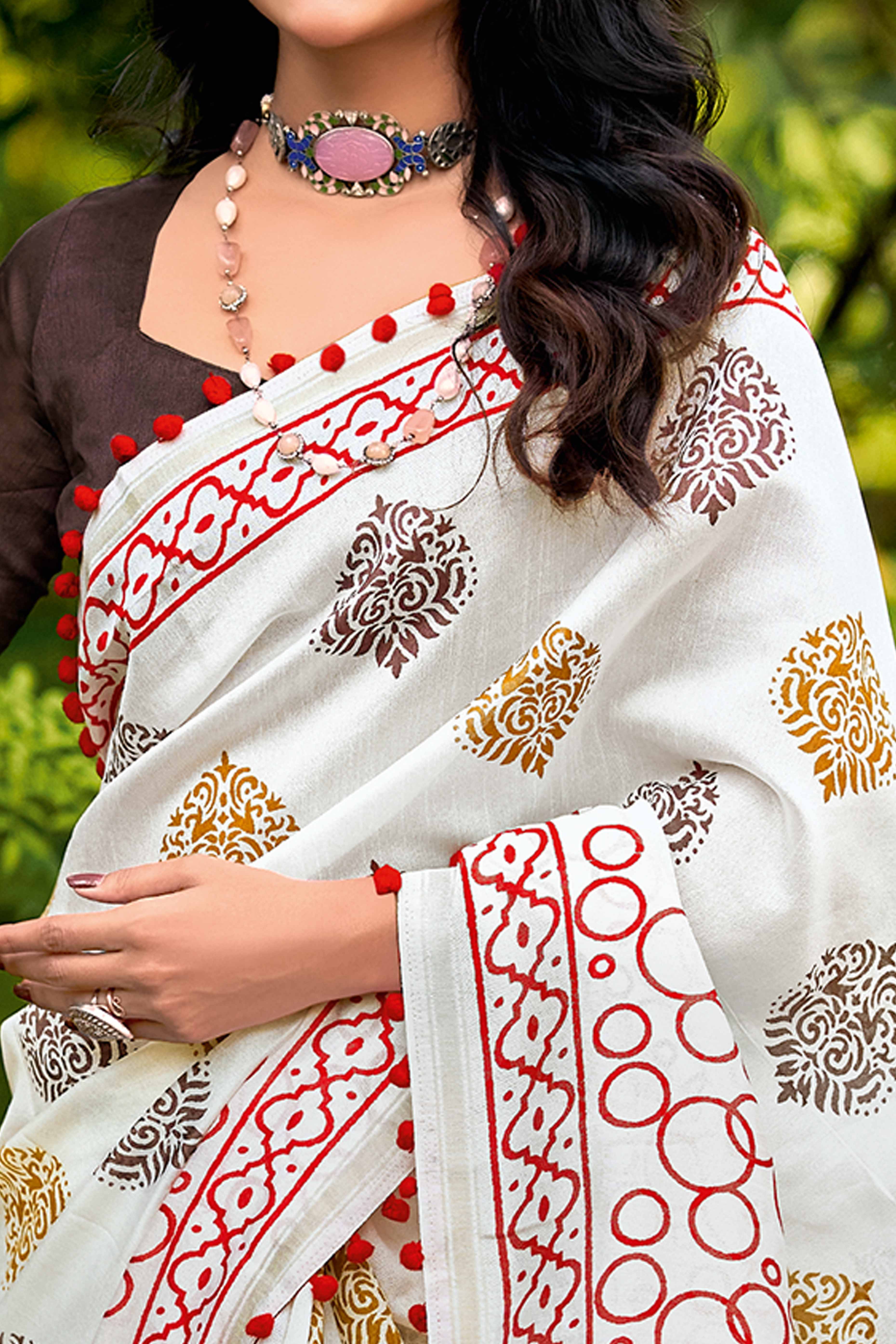 Modern White Saree with Minimal Abstract Designs on Mulmul Cotton