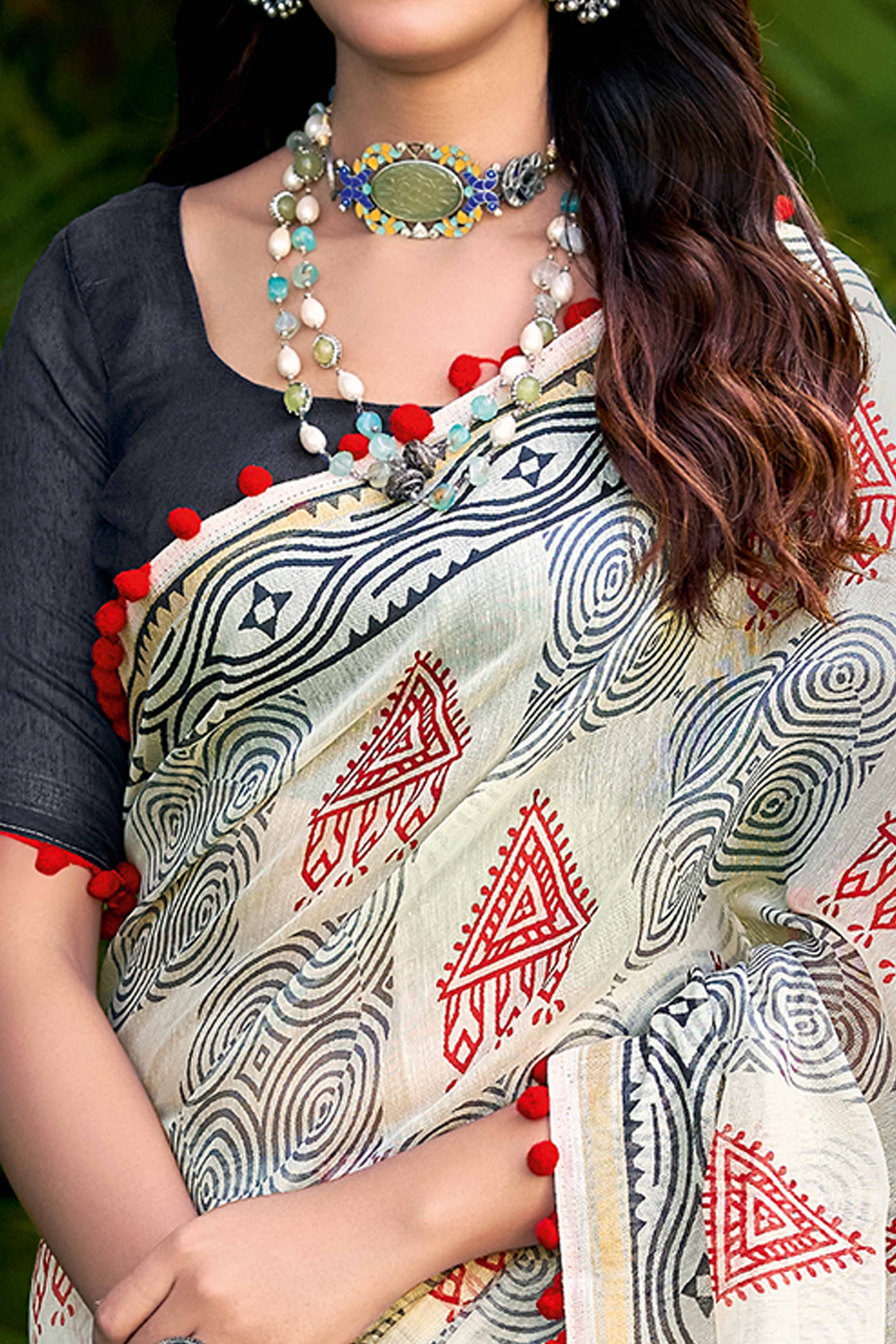 White Cotton Saree with Fluid Abstract Prints for Everyday Grace