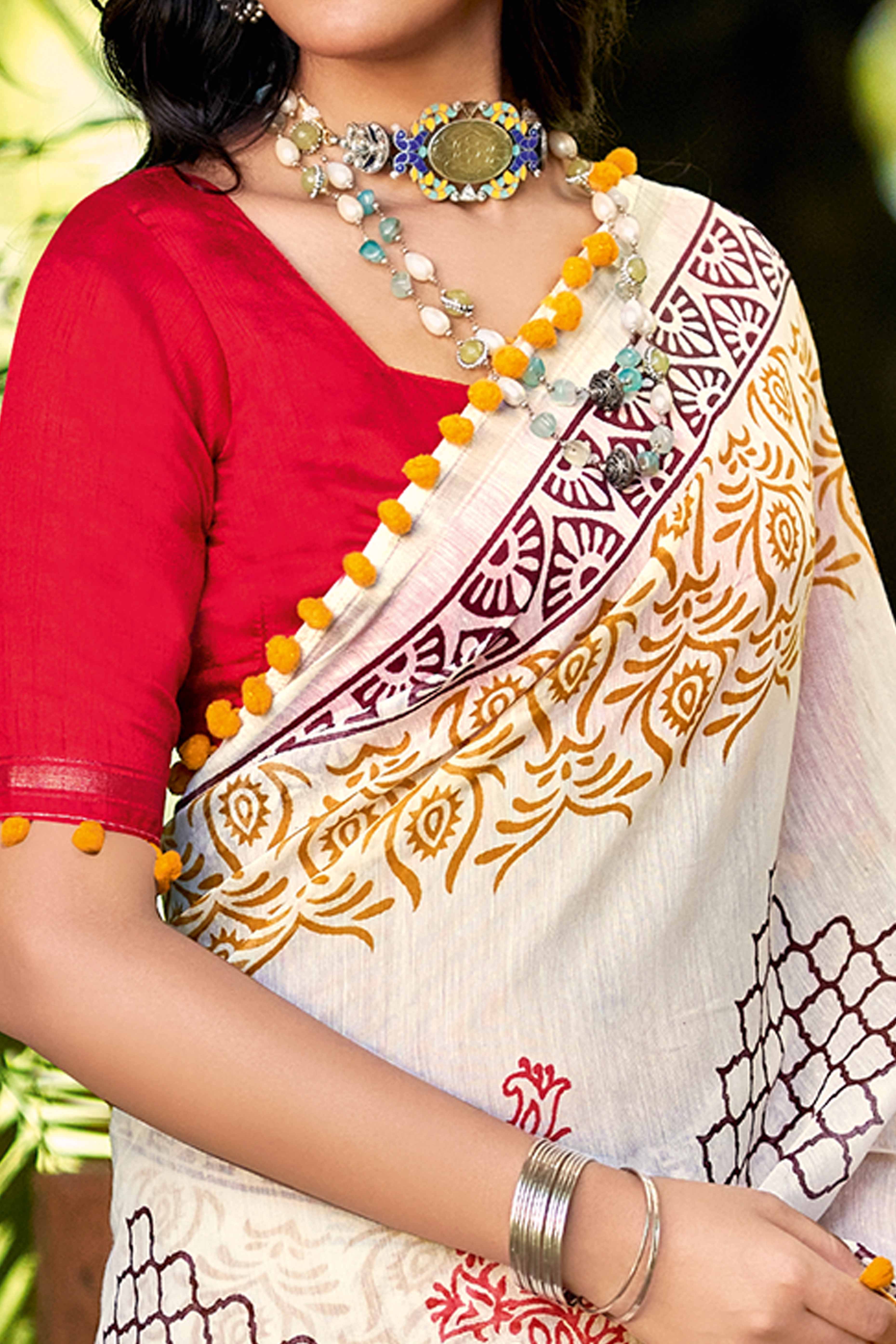 White Abstract Printed Mulmul Cotton Saree