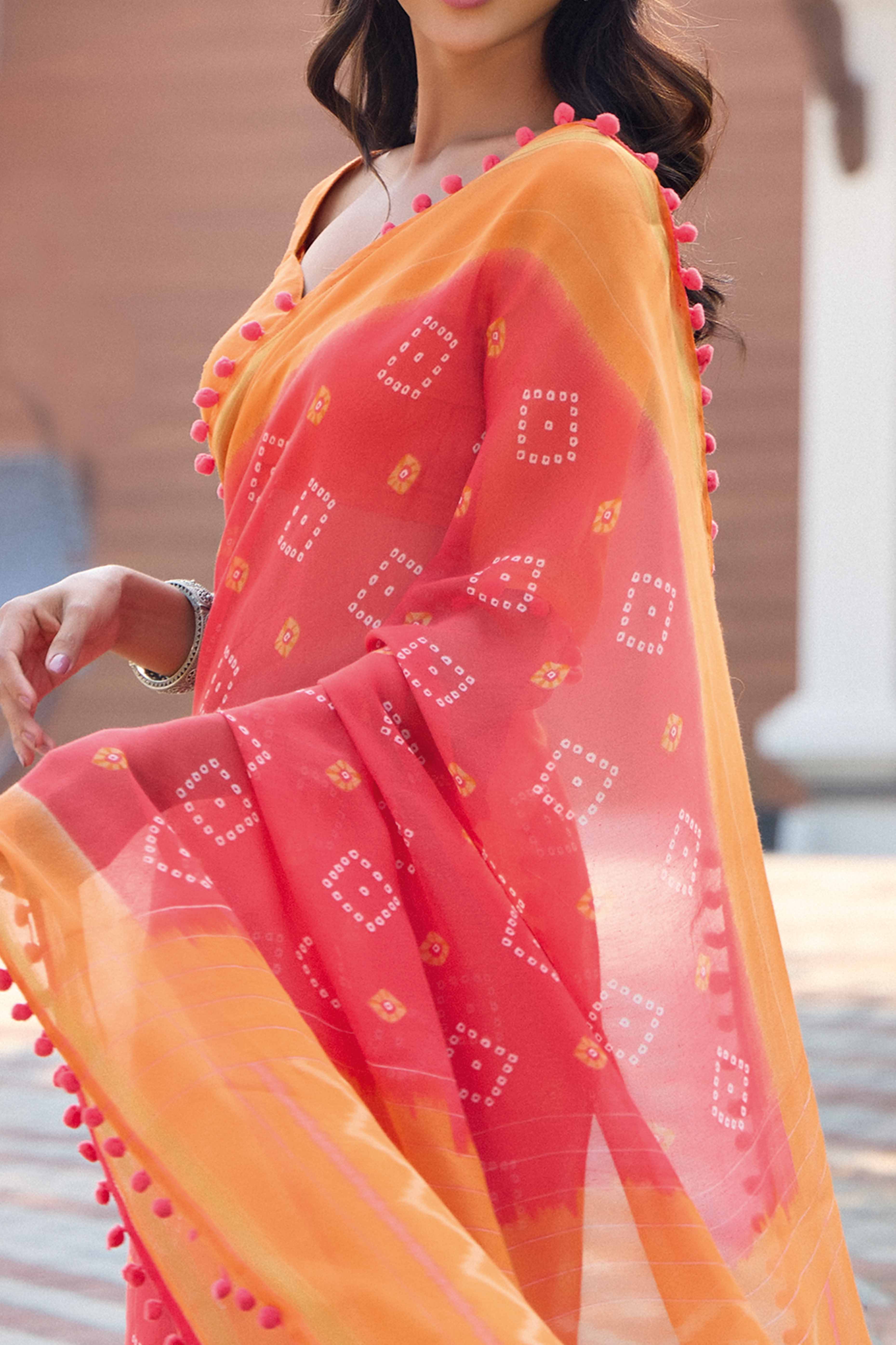 Gajri Pink Printed Cotton Blend Saree With Pumpum Lace