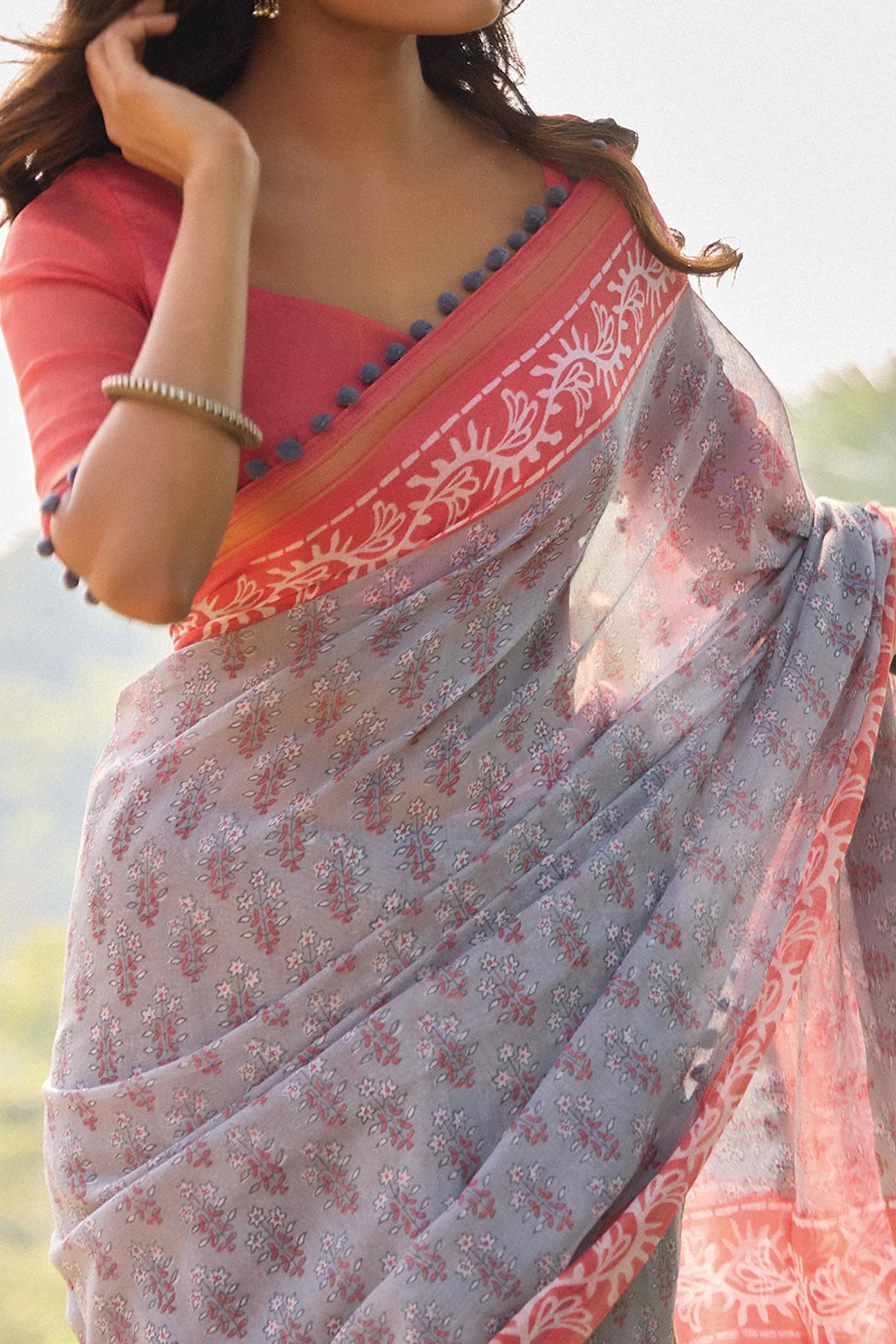 Grey Printed Cotton Blend Saree With Pumpum Lace