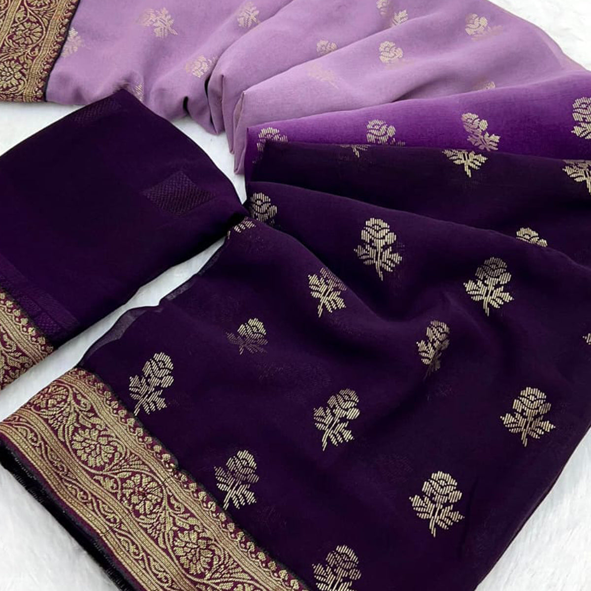 Purple & Lavender Floral Foil Printed Georgette Saree Woven Saree