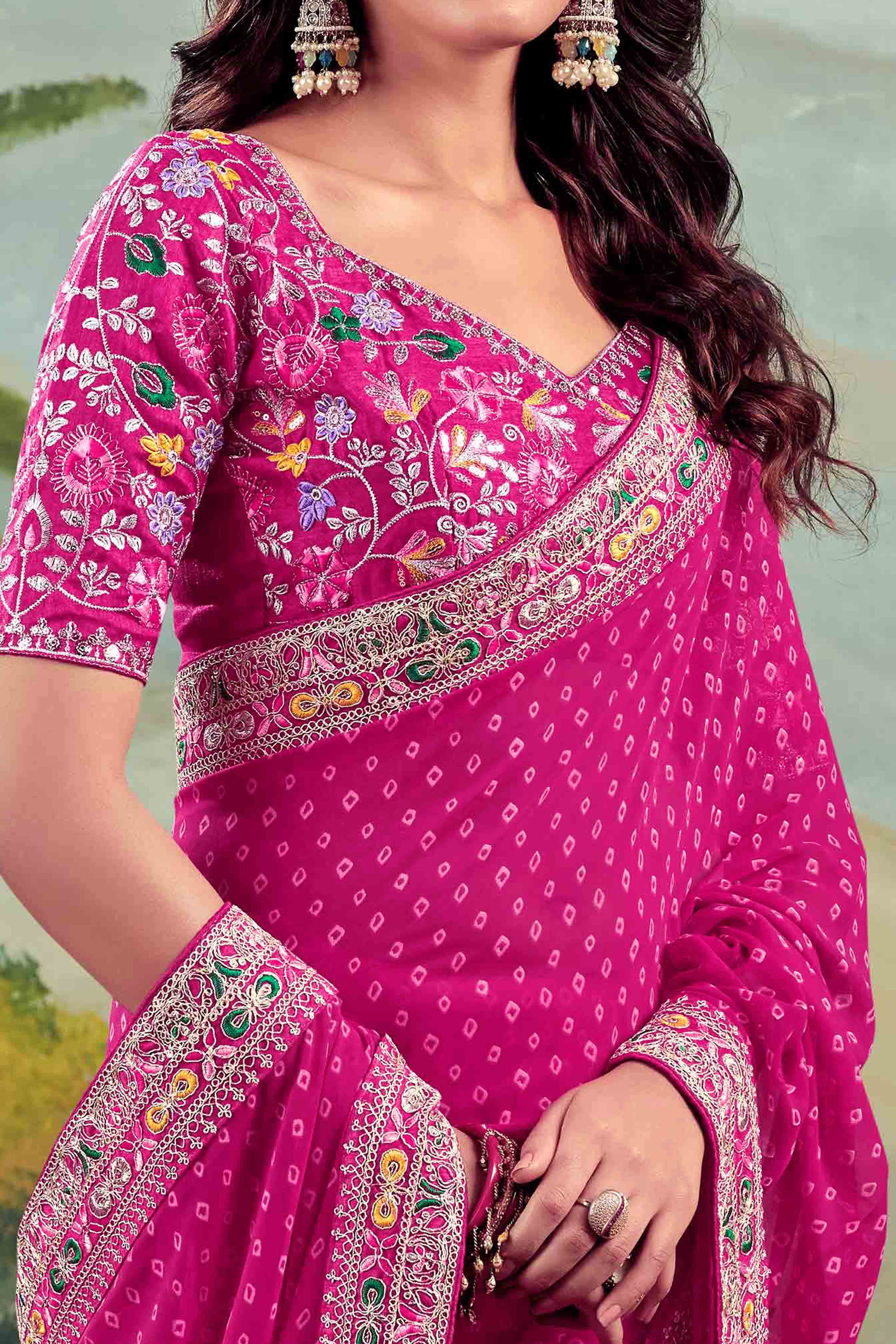 Pink Bandhani Printed Georgette Saree With Embroidered Border