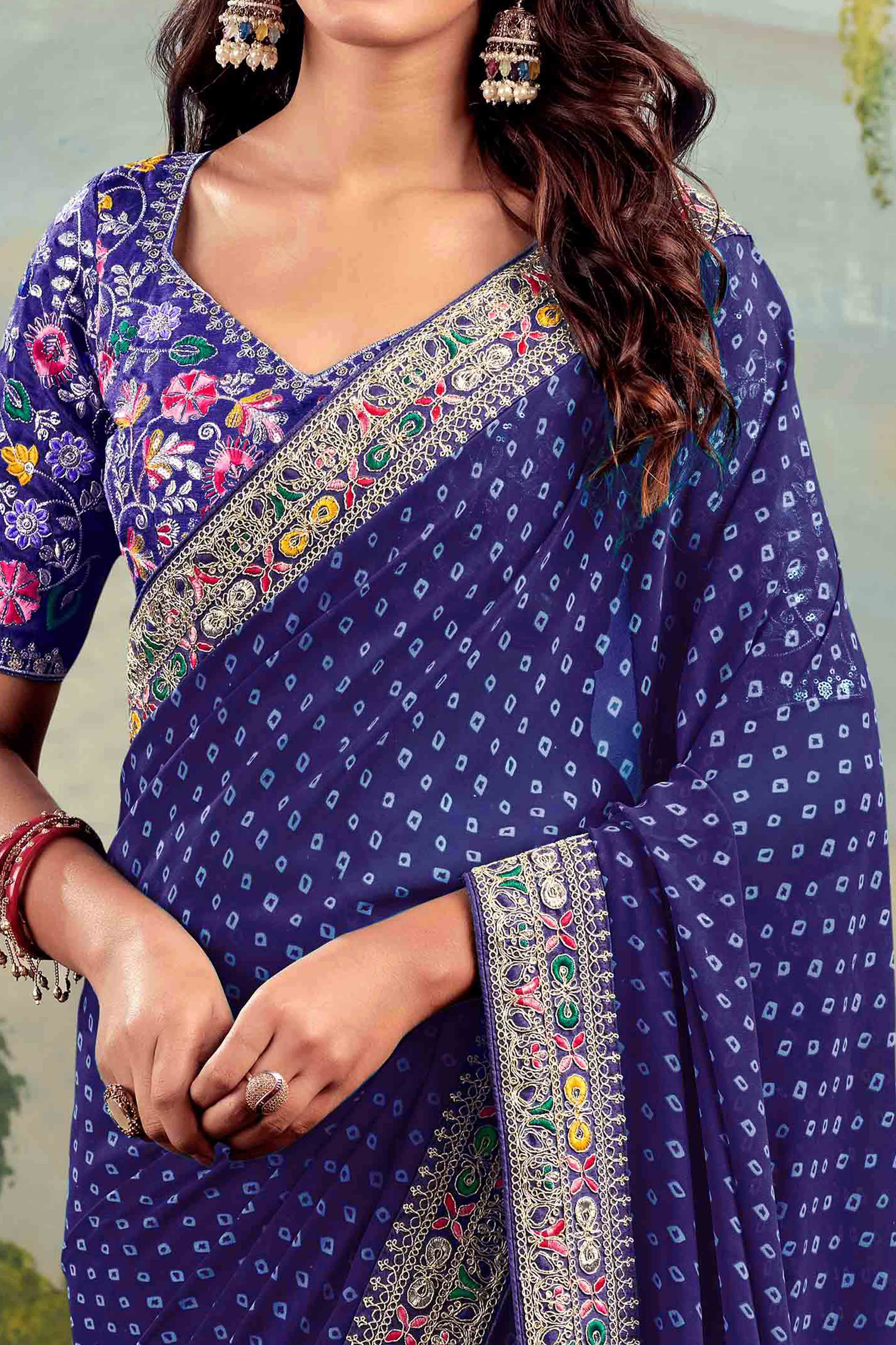 Blue Bandhani Printed Georgette Saree With Embroidered Border