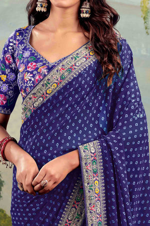 Blue Bandhani Printed Georgette Saree With Embroidered Border