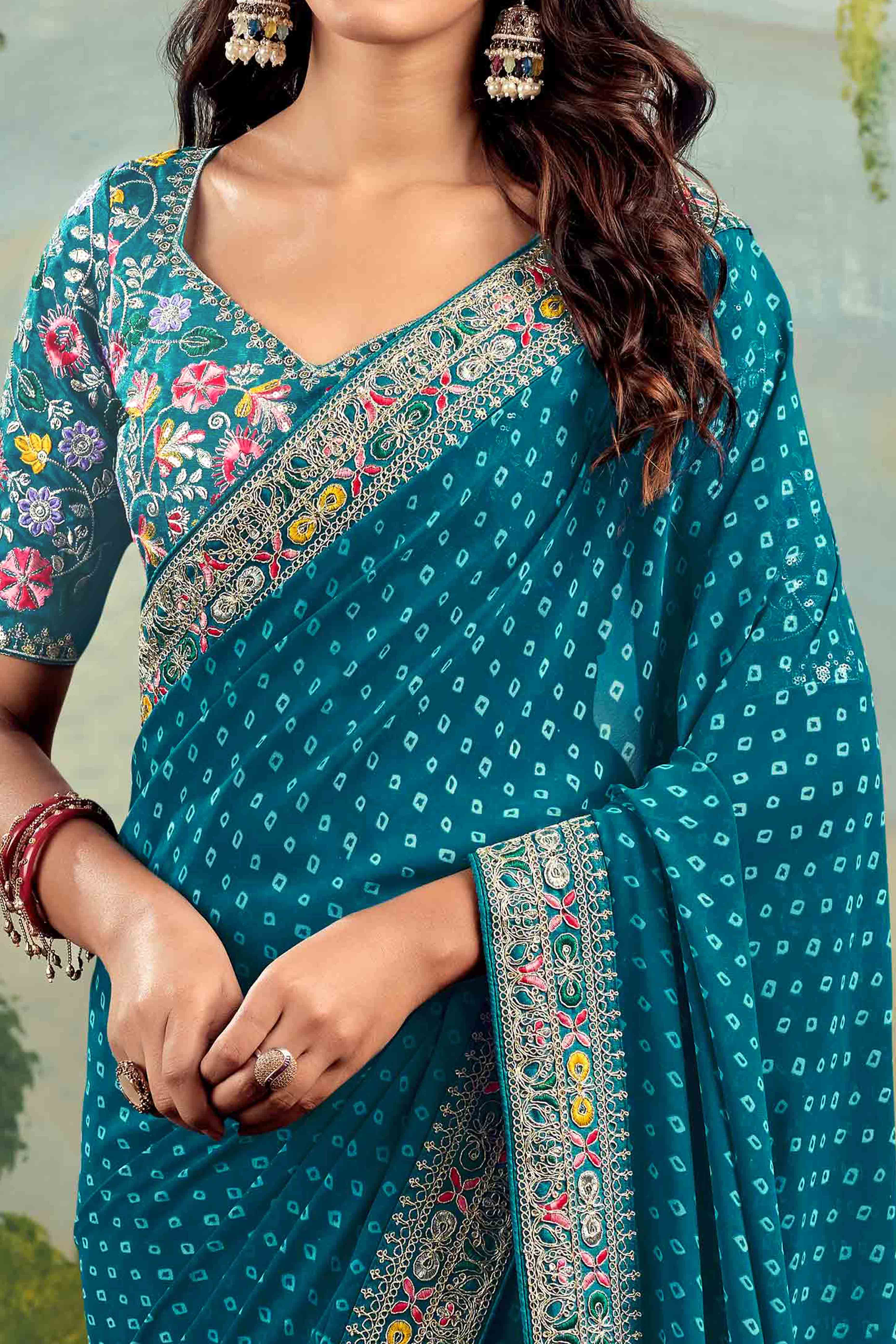 Teal Bandhani Printed Georgette Saree With Embroidered Border