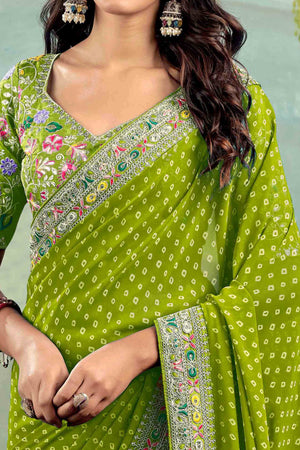 Green Bandhani Printed Georgette Saree With Embroidered Border