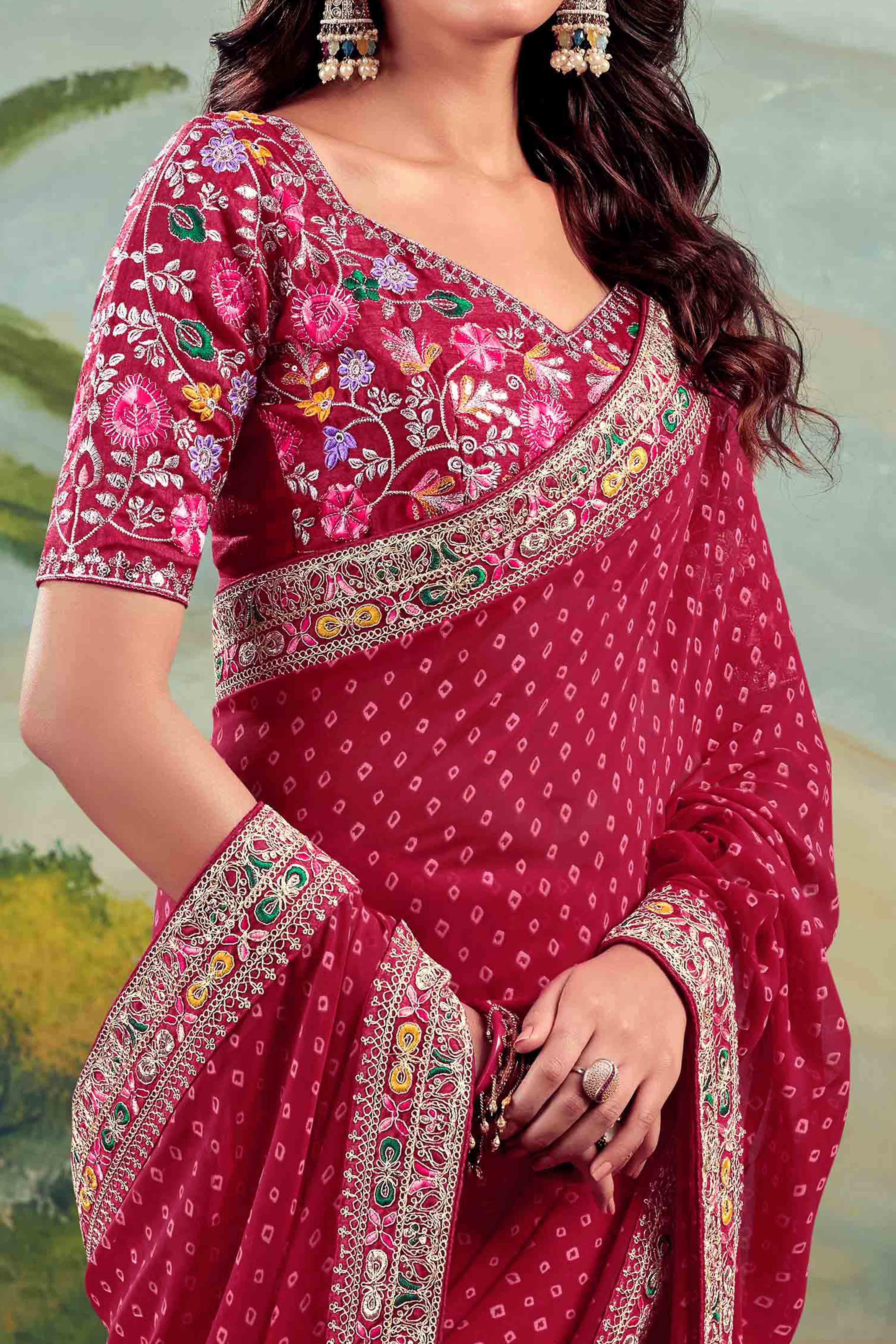 Maroon Bandhani Printed Georgette Saree With Embroidered Border