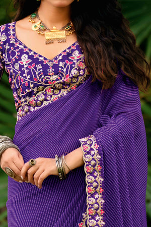 Royal Purple Striped Printed Georgette Saree With Shimmering Sequin Embroidered Border