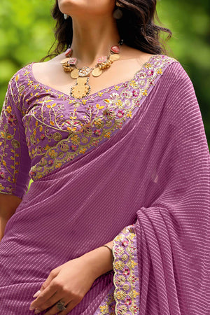Lavender Striped Printed Georgette Saree With Shimmering Sequin Embroidered Border