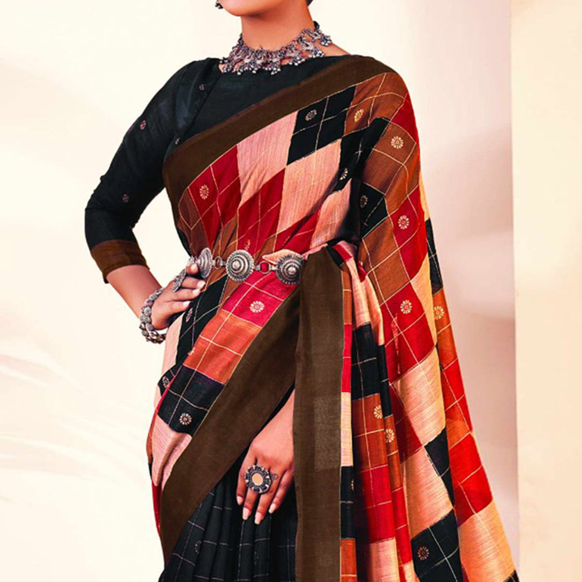 Black Checks Printed Cotton Blend Saree