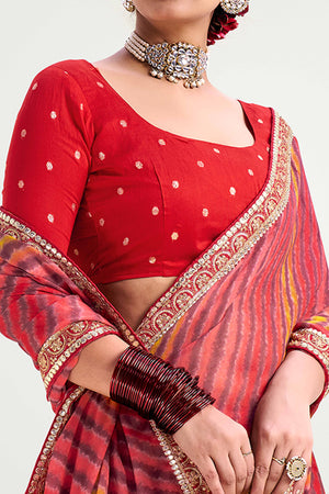 Bright Red Striped Printed Chiffon Saree Enhanced With Sparkling Sequins Embroidered Border Work