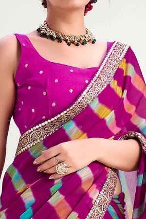 Purple Striped Printed Chiffon Saree Enhanced With Sparkling Sequins Embroidered Border Work