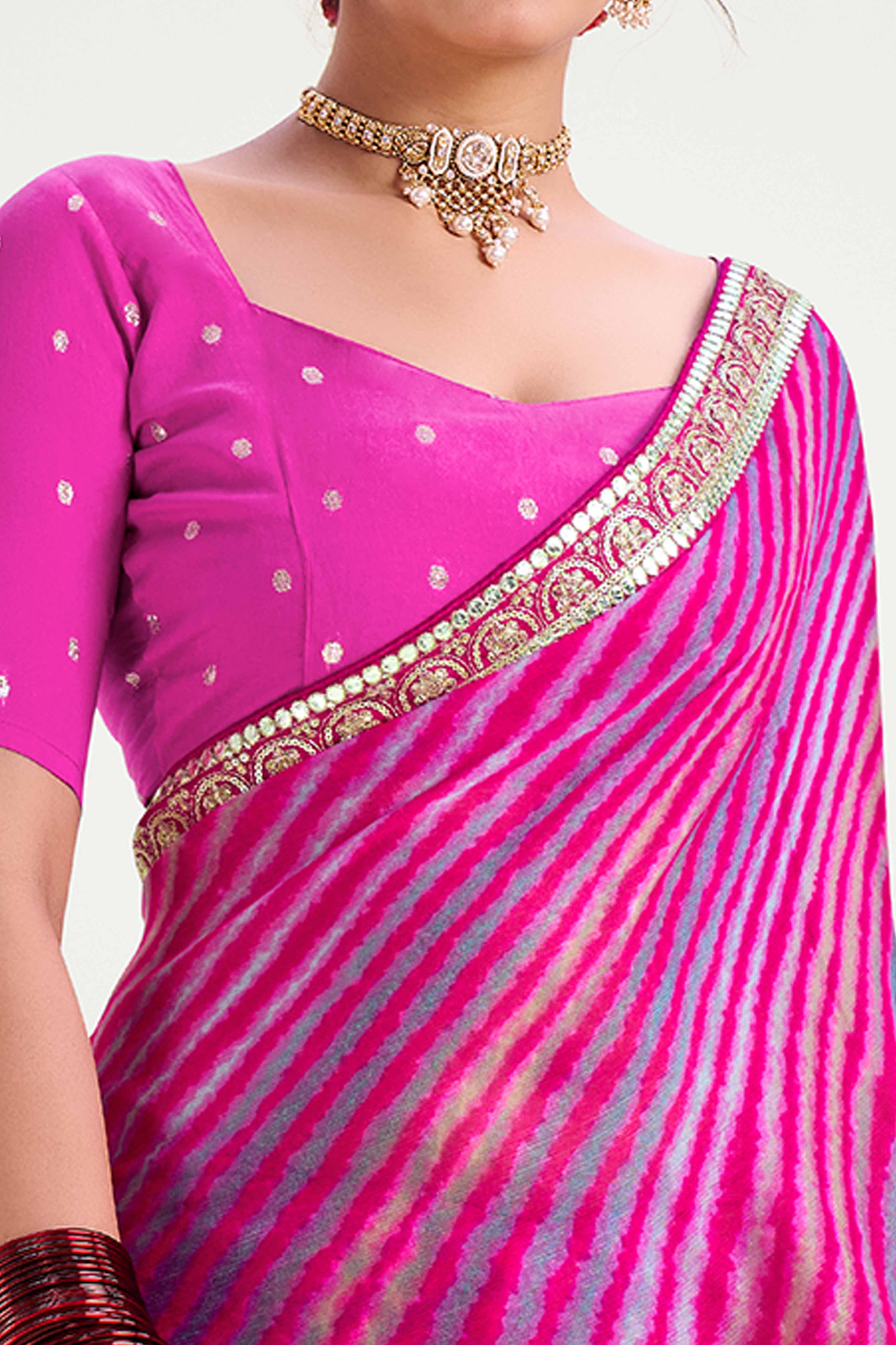 Rani Pink Striped Printed Chiffon Saree Enhanced With Sparkling Sequins Embroidered Border Work