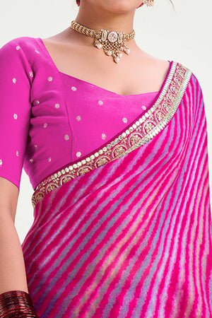 Rani Pink Striped Printed Chiffon Saree Enhanced With Sparkling Sequins Embroidered Border Work