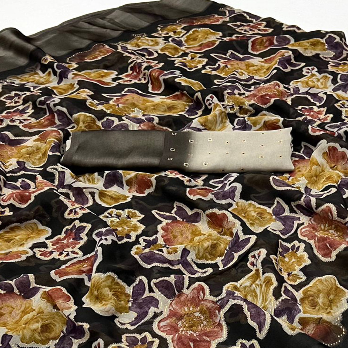 Black Floral Foil Printed Cotton Silk Saree