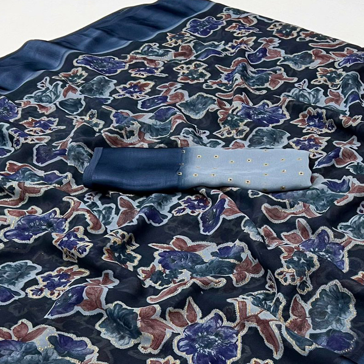 Blue Floral Foil Printed Cotton Silk Saree