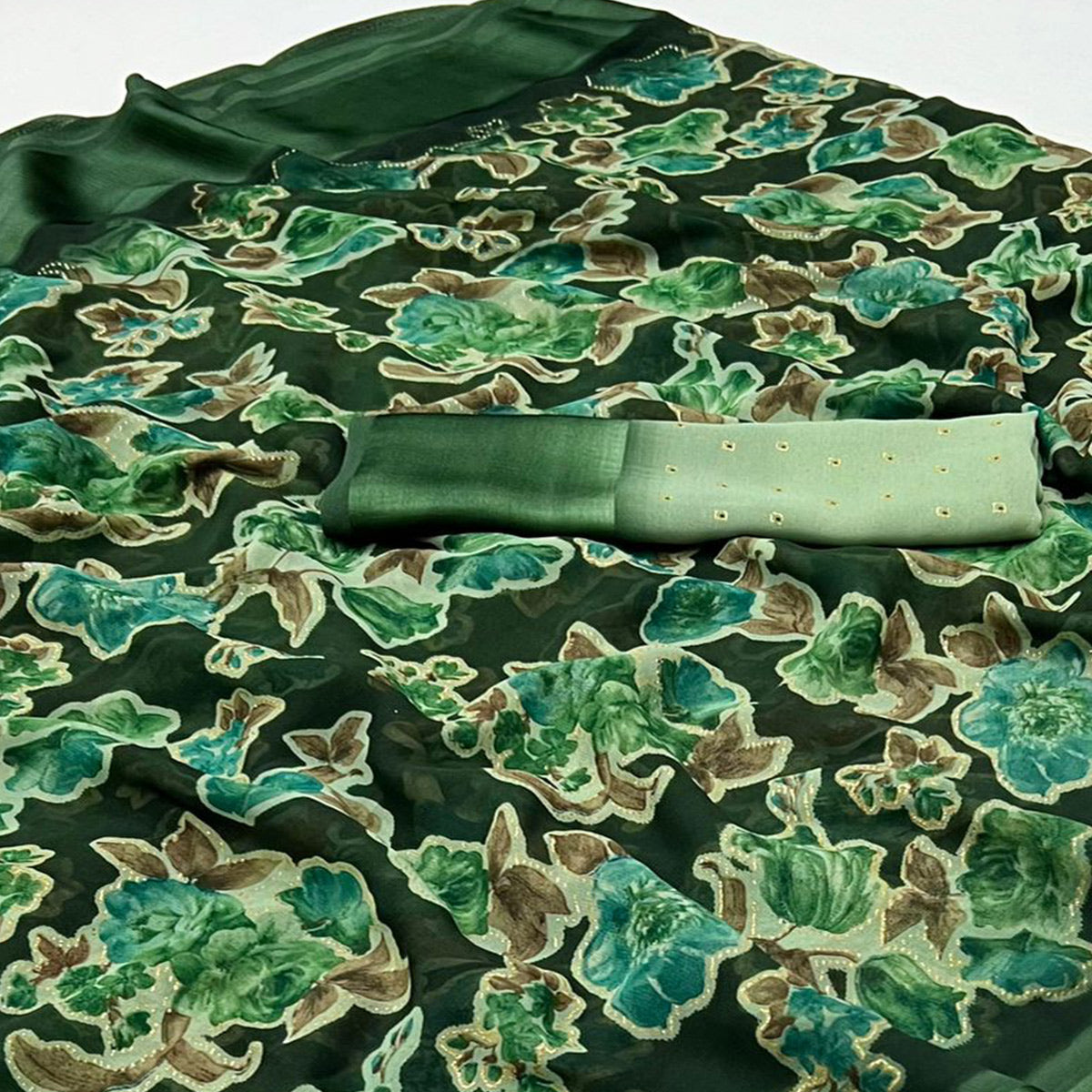 Green Floral Foil Printed Cotton Silk Saree
