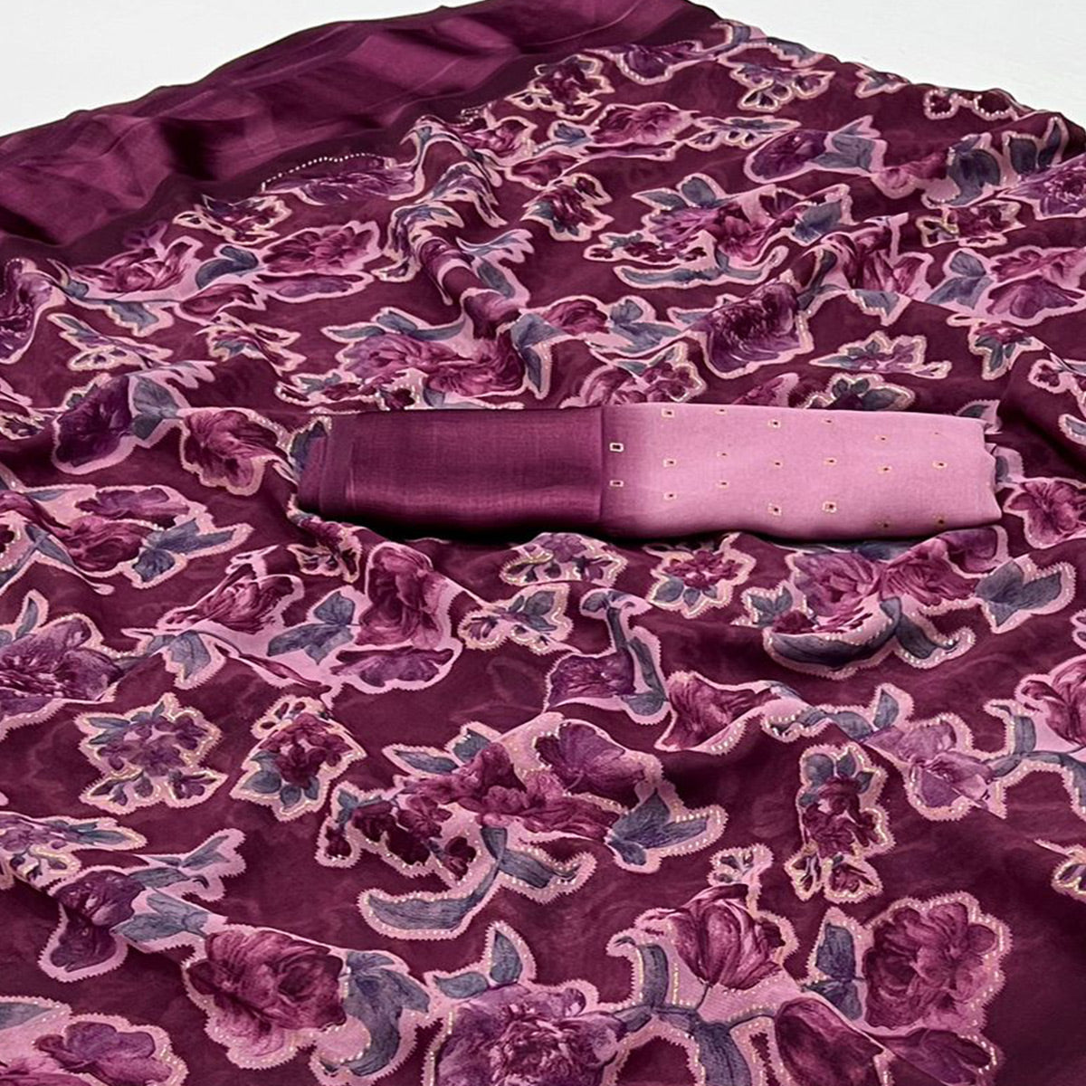 Wine Floral Foil Printed Cotton Silk Saree