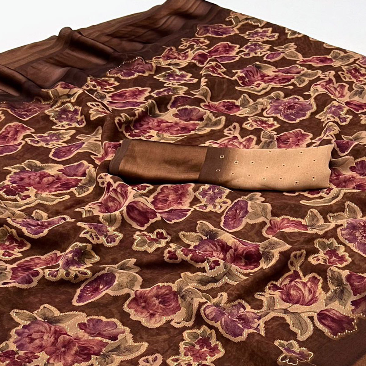 Brown Floral Foil Printed Cotton Silk Saree
