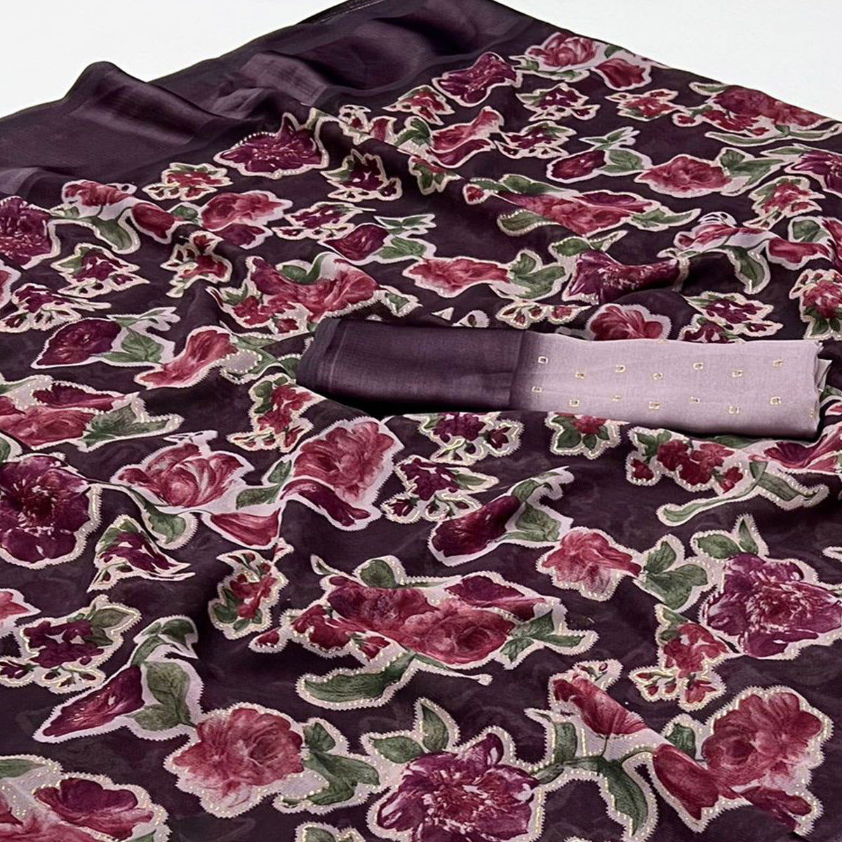 Dark Purple Floral Foil Printed Cotton Silk Saree