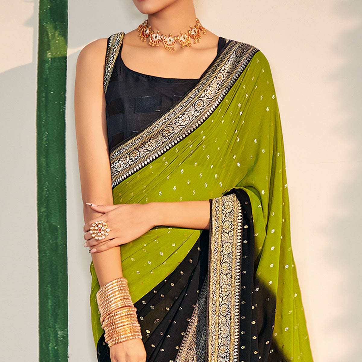 Green & Black Foil Printed Georgette Saree