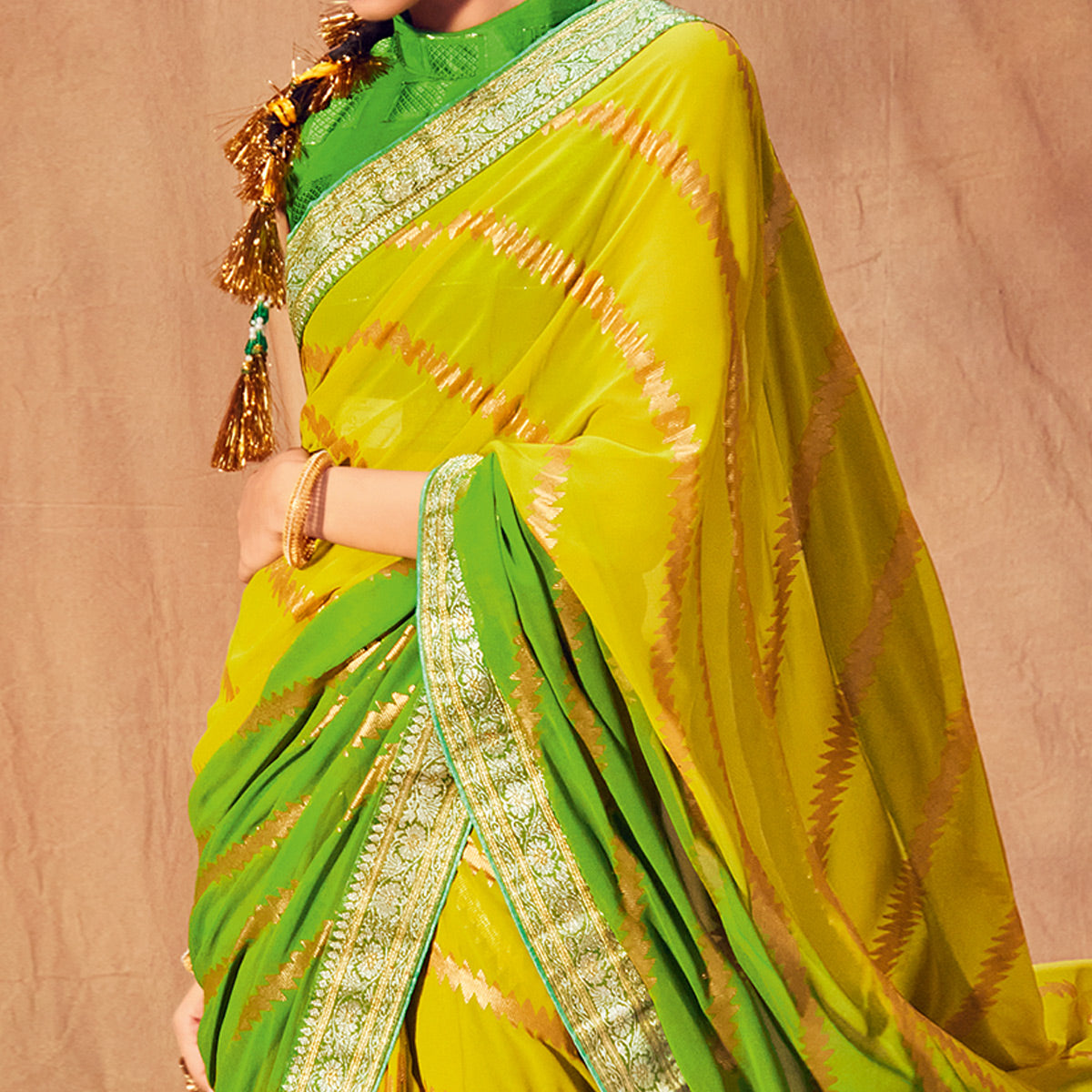Yellow & Green Foil Printed Georgette Saree