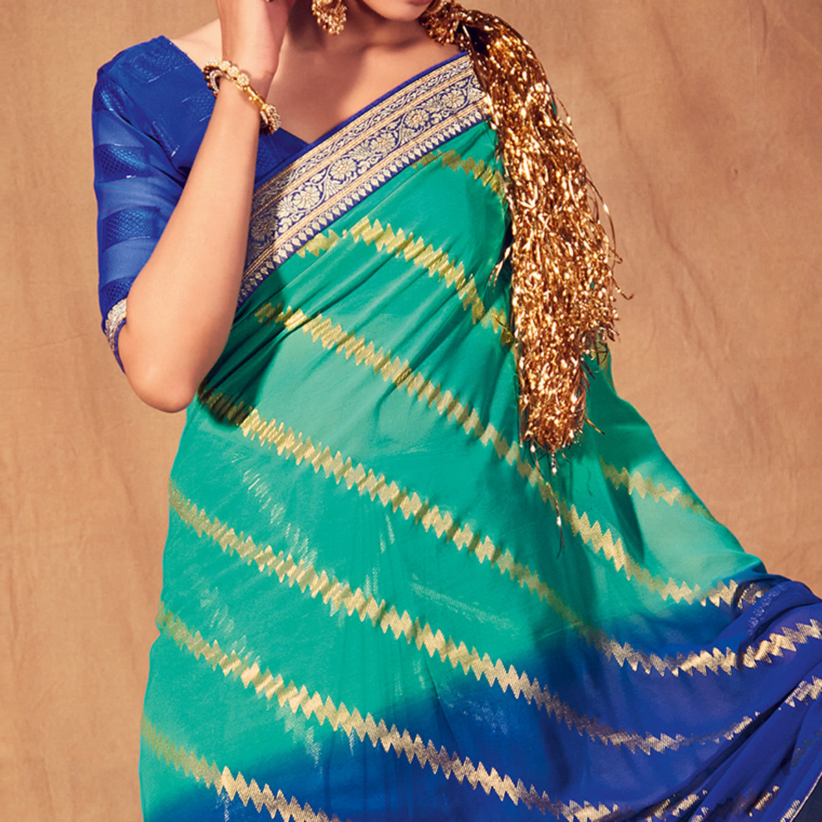 Sea Green & Blue Foil Printed Georgette Saree