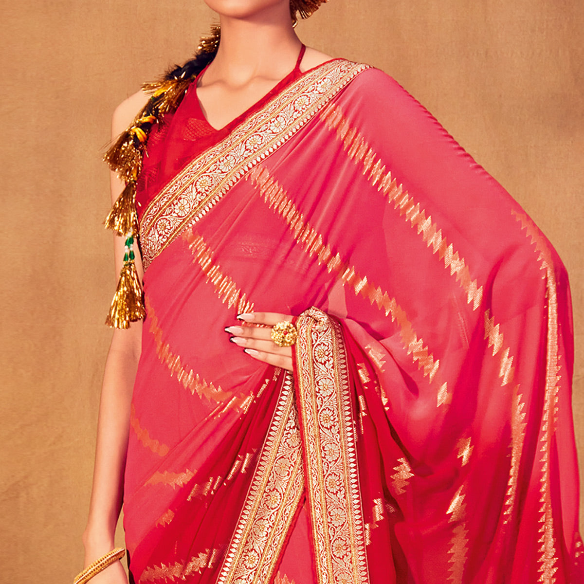 Pink & Red Foil Printed Georgette Saree