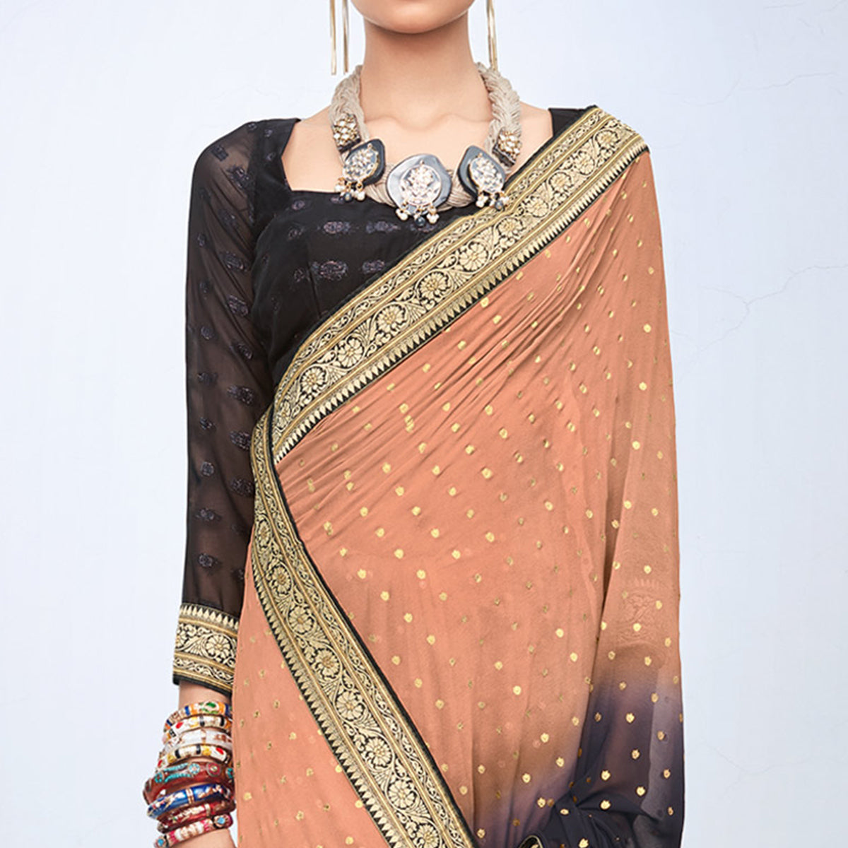 Peach & Black Foil Printed Georgette Saree