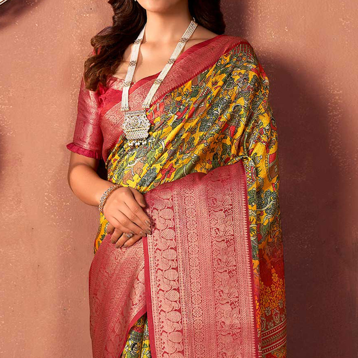 Yellow Printed With Woven Border Kota Doria Saree