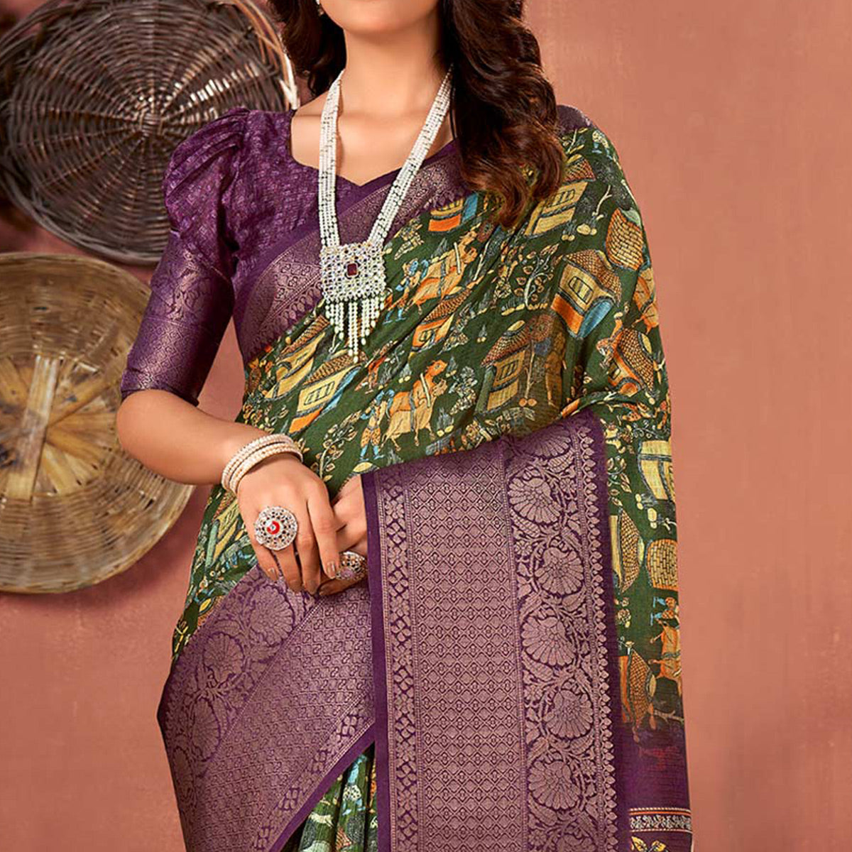 Green & Wine Printed With Woven Border Kota Doria Saree