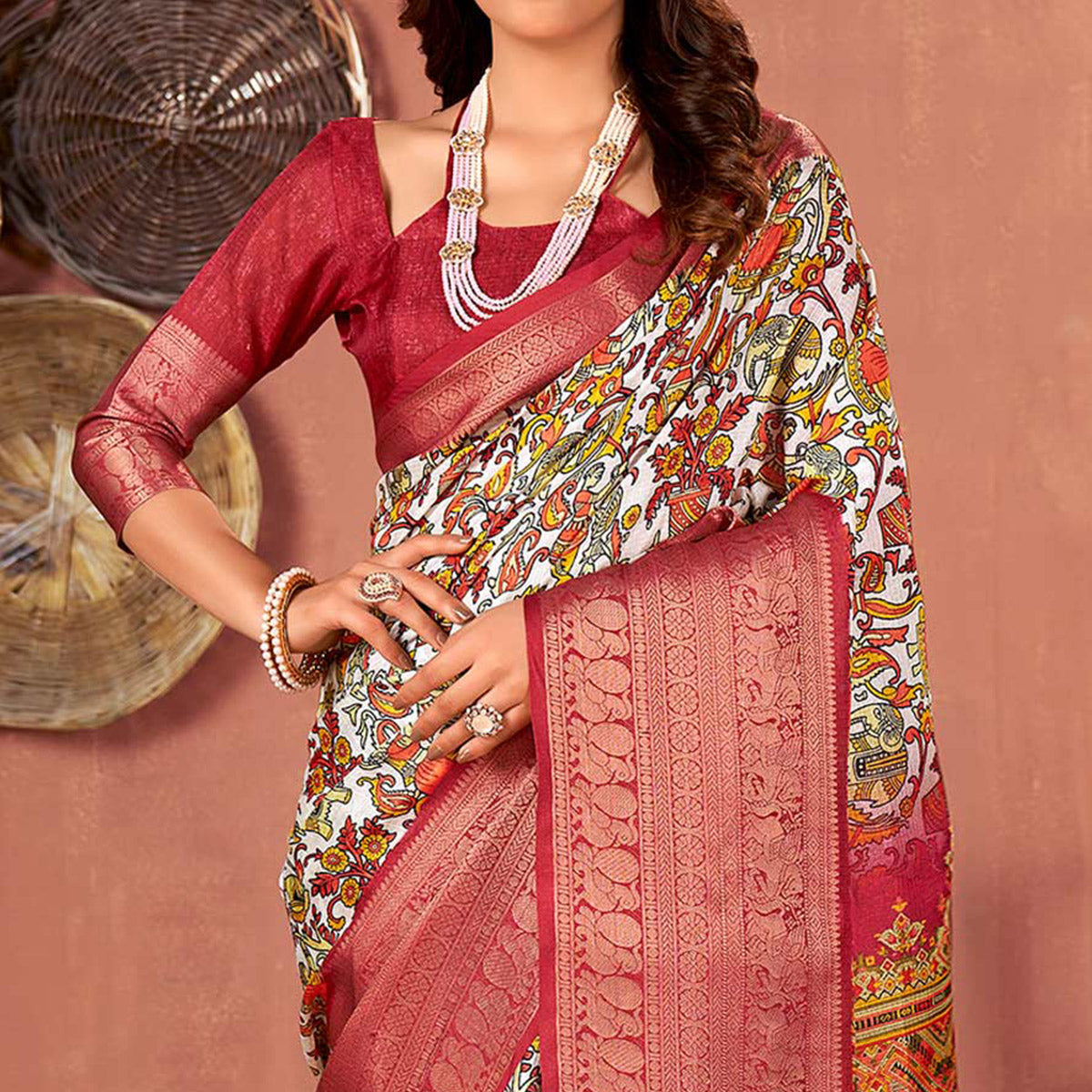 White & Red Printed With Woven Border Kota Doria Saree