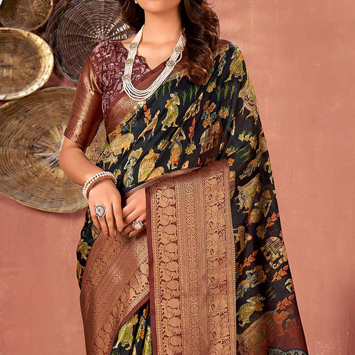 Black & Brown Printed With Woven Border Kota Doria Saree