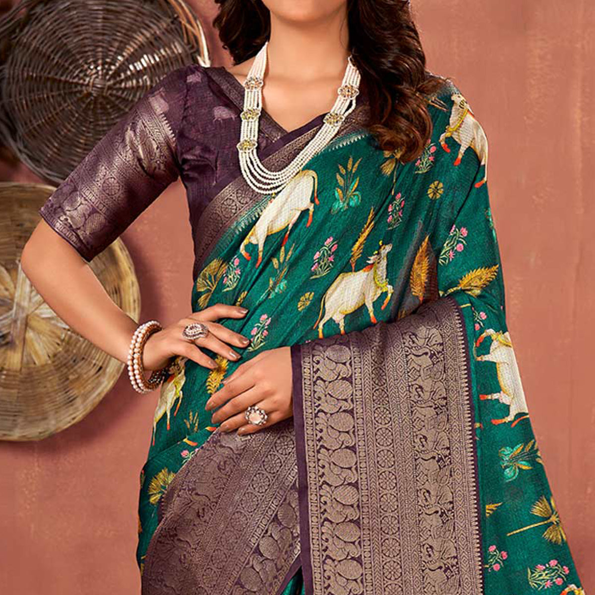 Rama Green & Purple Printed With Woven Border Kota Doria Saree