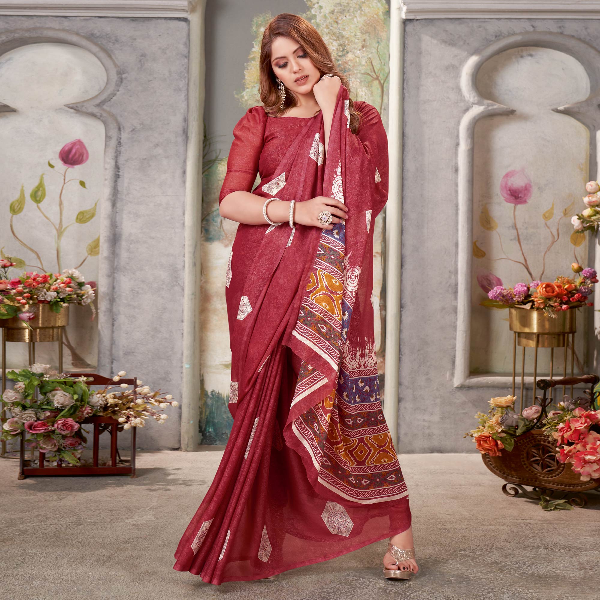 Maroon Floral Printed Chiffon Saree