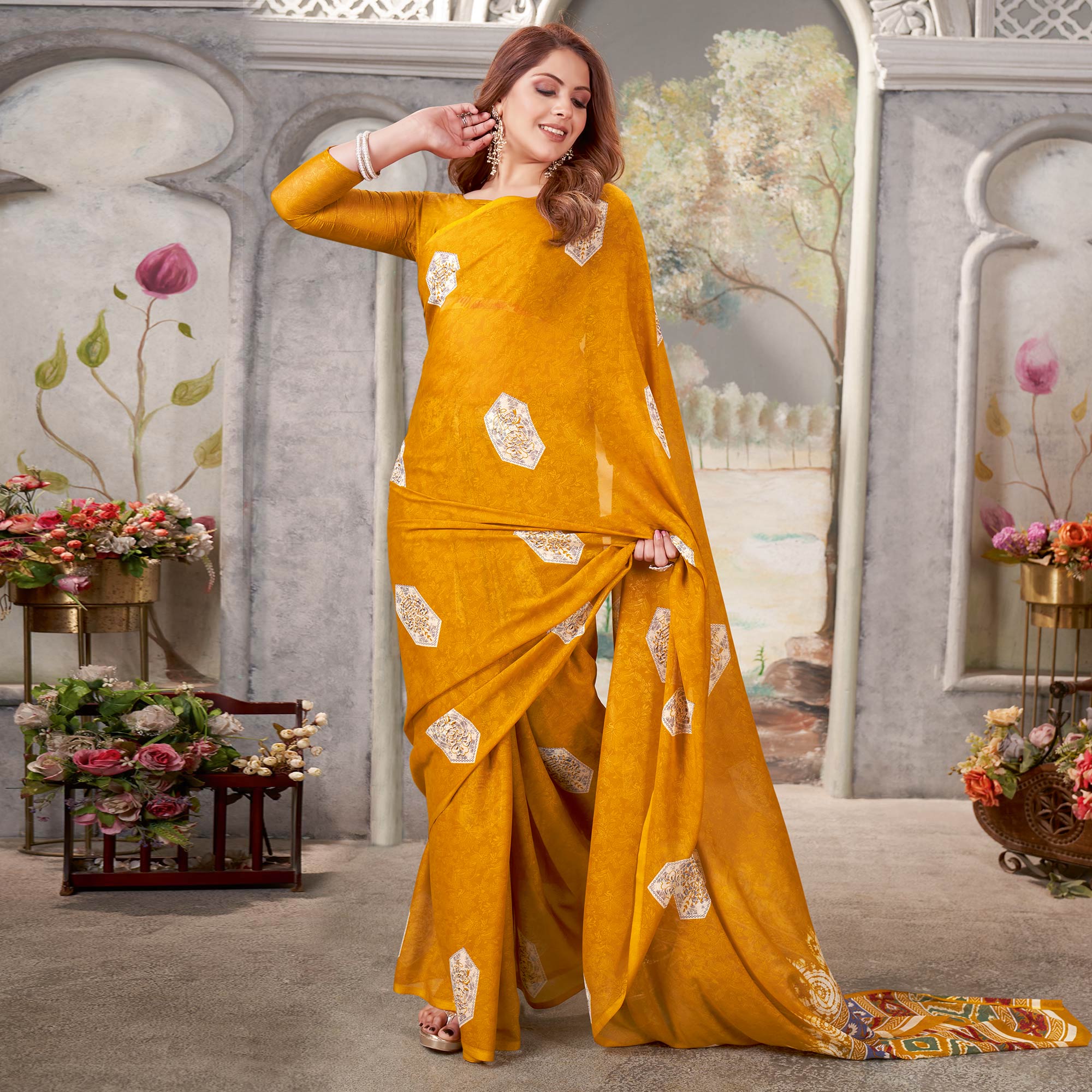 Mustard Floral Printed Chiffon Saree