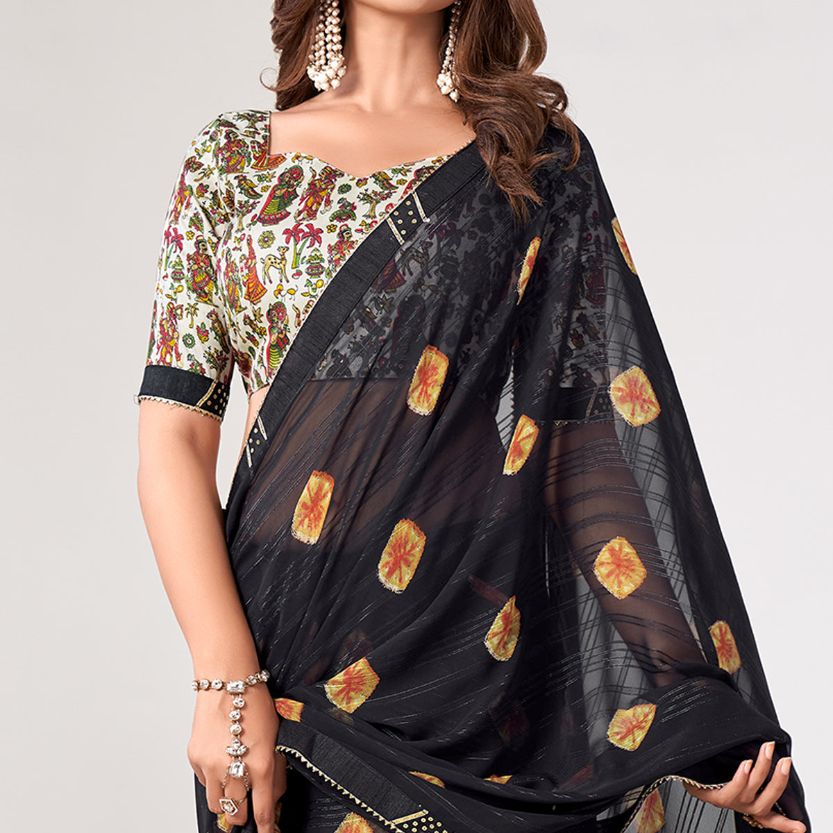 Black Printed Georgette Saree With Lace Work