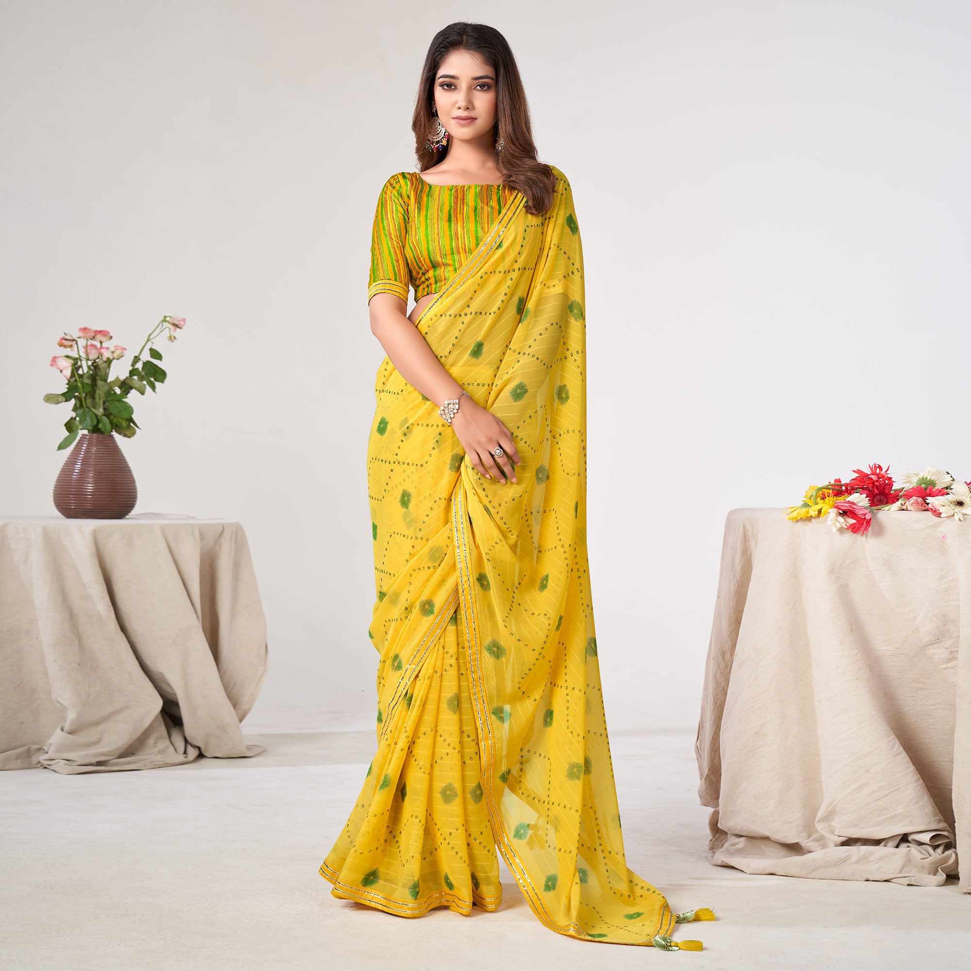 Yellow Printed Georgette Saree With Lace Work