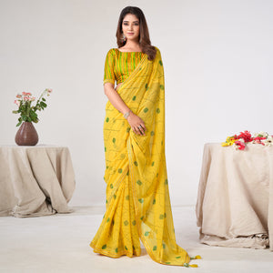 Yellow Printed Georgette Saree With Lace Work