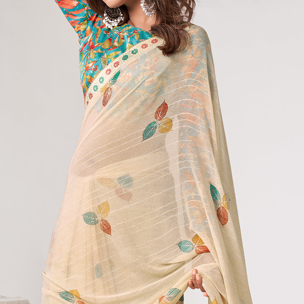 Beige Printed Georgette Saree With Lace Work