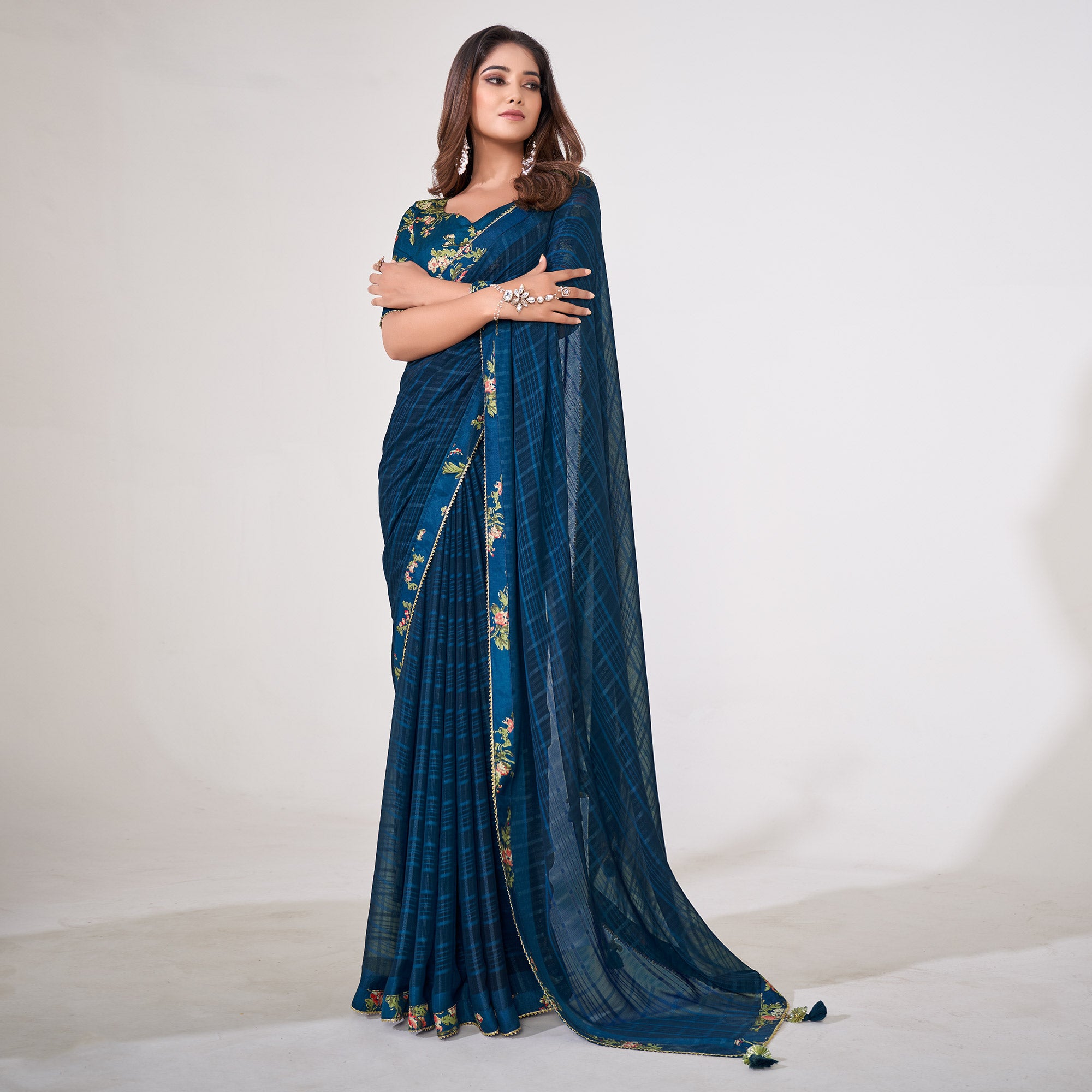 Blue Printed Georgette Saree With Lace Work